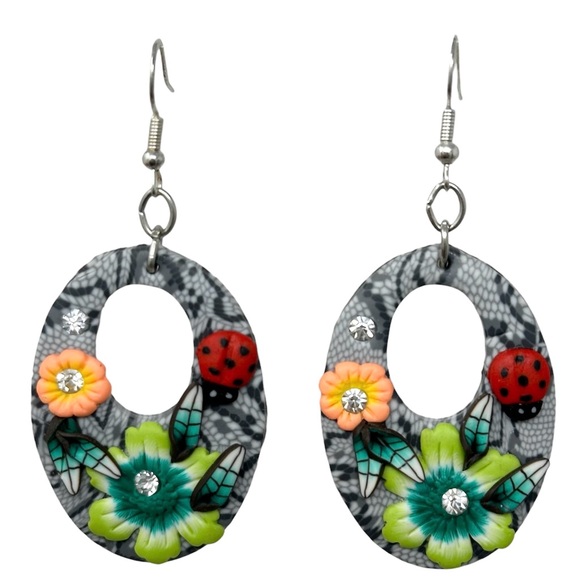 Flowers & Snakeskin Print Fimo Polymer Clay Handmade Dangle Earrings - Picture 1 of 3